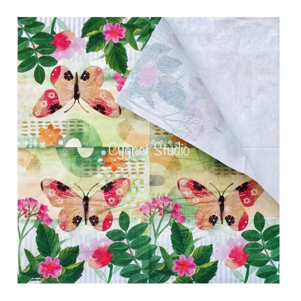 Peachy Pink Butterfly Decoupage Two (2) Individual Cocktail Napkins $FIRM